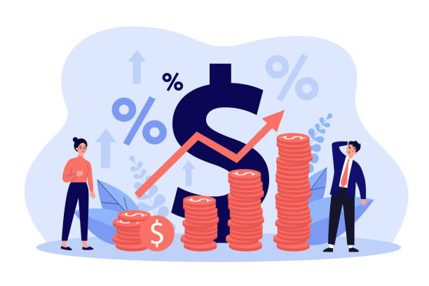 Tiny people standing near piles of coins with growth arrow Tiny people standing near piles of coins with growth arrow flat vector illustration. Cartoon metaphor of price increase process in percentage. Economy and money value recession concept inflation stock illustrations