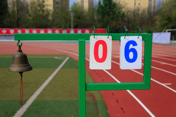 Scoreboard and bells at the scene of the game Scoreboard and bells at the scene of the game World Athletics Day stock pictures, royalty-free photos & images