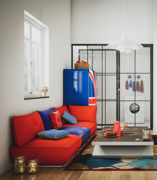 Scandinavian Style Living Room Digitally generated Scandinavian style living room interior design.
The scene was rendered with photorealistic shaders and lighting in Autodesk® 3ds Max 2020 with V-Ray 5 with some post-production added. red couch pillows stock pictures, royalty-free photos & images