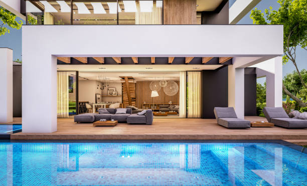 istock 3d rendering of modern house in luxurious style in evening 1296496768