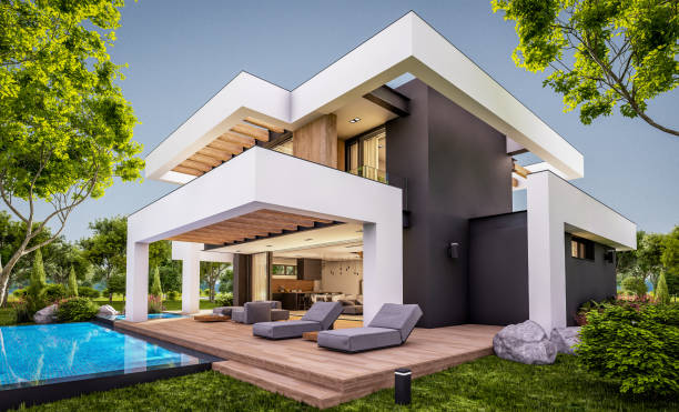 istock 3d rendering of modern house in luxurious style in evening 1296496816