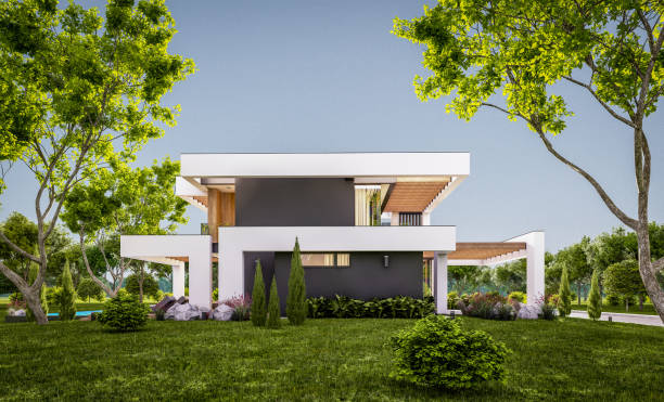 istock 3d rendering of modern house in luxurious style in evening 1296496819