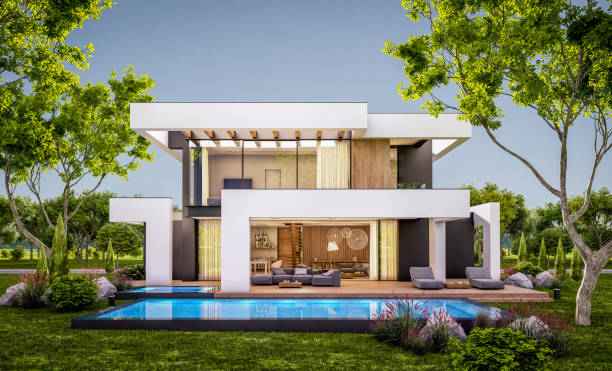 istock 3d rendering of modern house in luxurious style in evening 1296496826