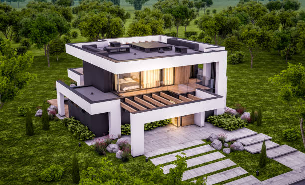 istock 3d rendering of modern house in luxurious style in evening 1296496859