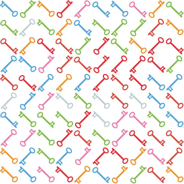 Vector illustration of Vector truchet style geometric door key seamless pattern background. Fun colorful random bright keys on white backdrop. Red, green, orange objects. Repeat for freedom, unlocking concept, new home