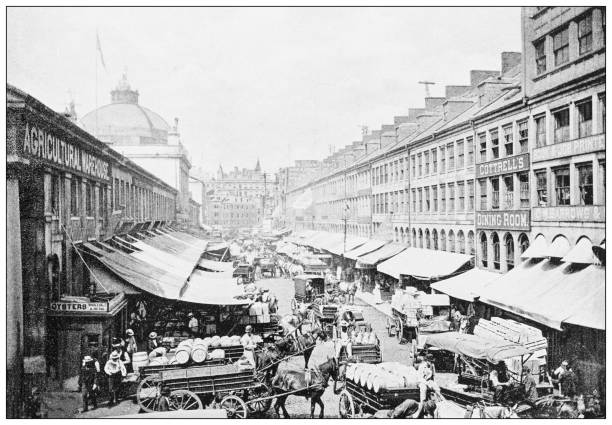 Antique black and white photograph of Boston, Massachusetts: Quincy Market Antique black and white photograph of Boston, Massachusetts: Quincy Market boston massachusetts photos stock illustrations