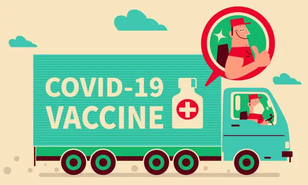 Vector illustration of Smiling driver with face mask driving a truck delivering COVID-19 vaccine (distribution), giving a thumbs-up, COVID-19 vaccine shipment concept, coronavirus vaccine doses arrive