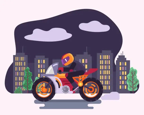 Vector illustration of Male Biker Riding Motorcycle in Night City Vector