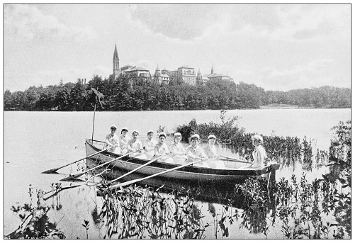 Antique black and white photograph of Boston, Massachusetts: Wellesley College, Lake Waban
