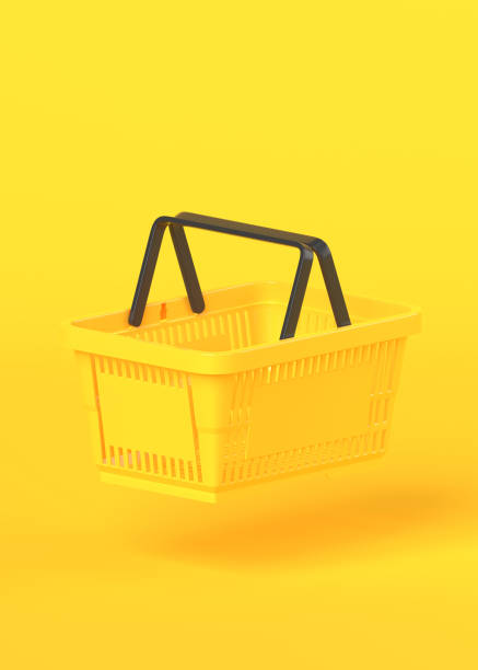 istock Flying red empty shopping basket on yellow background 1296500641