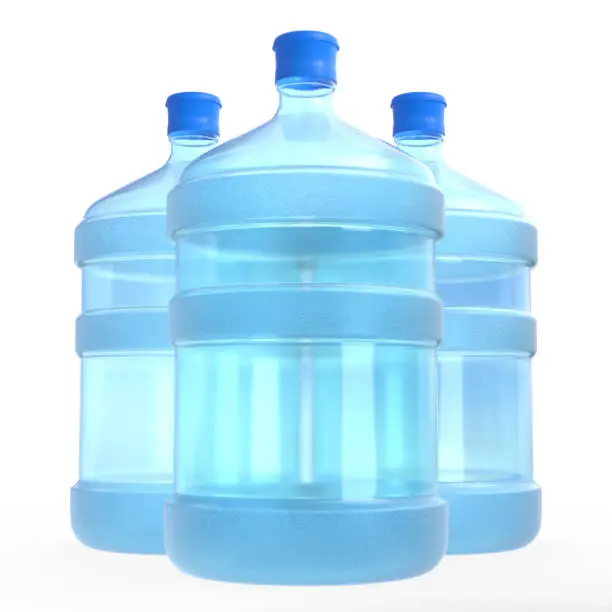 Photo of Three blue 19 liter or 5 gallon plastic water bottles or containers isolated on white background