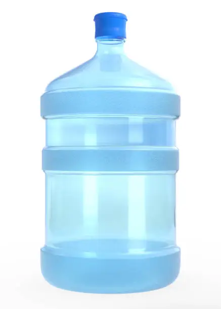 Photo of Blue 19 liter or 5 gallon plastic water bottle or container isolated on white background