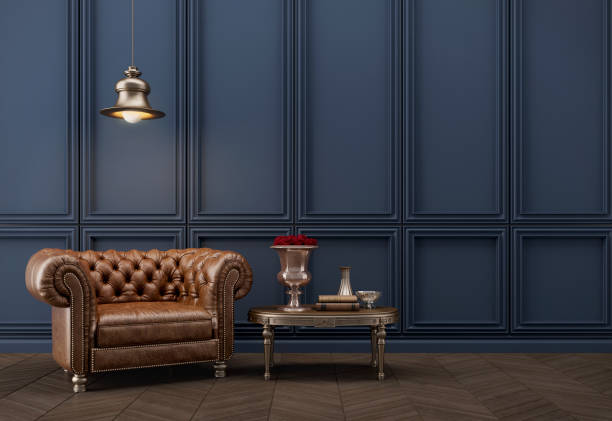 istock Classic style interior.Leather armchair with lamp and blue wall.3d rendering 1296501941