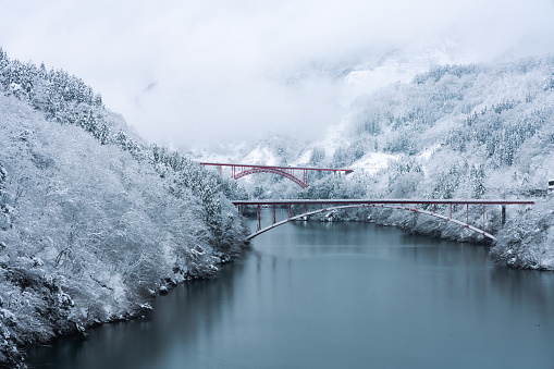 This is a beautiful winter scene in Toyama Prefecture, Japan.