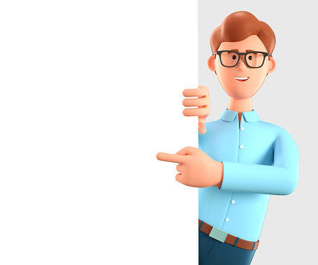 3d Illustration Of Happy Man Pointing Finger At Blank Presentation Board Cute  Cartoon Smiling Businessman With Advertising Placard Stock Photo - Download  Image Now - iStock