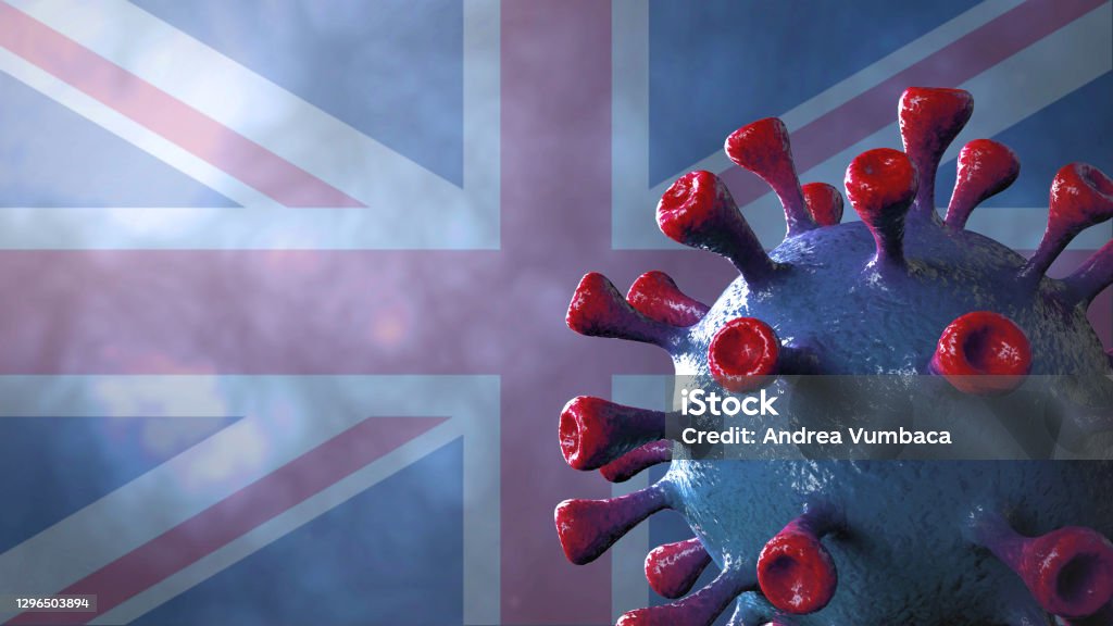 Covid british and england variant, covid-19 virus with english flag Covid british and england variant, covid-19 virus with english flag. Coronavirus Stock Photo