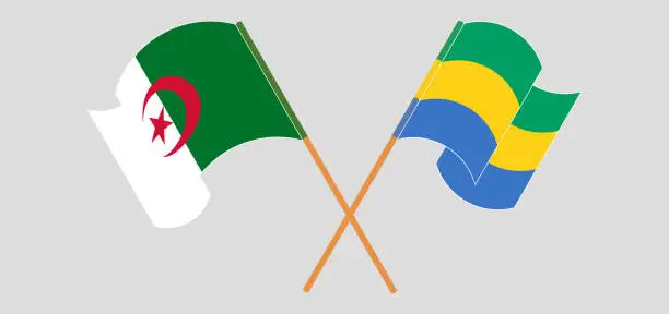 Vector illustration of Crossed and waving flags of Algeria and Gabon