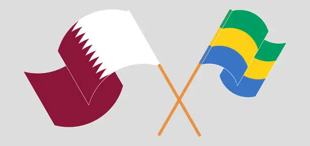 Vector illustration of Crossed and waving flags of Qatar and Gabon