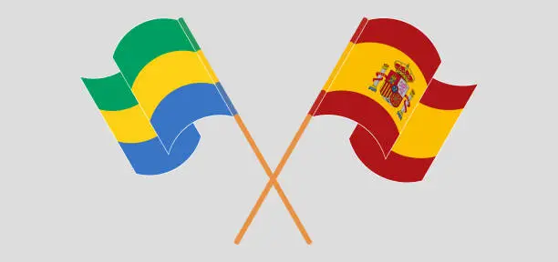Vector illustration of Crossed and waving flags of Gabon and Spain