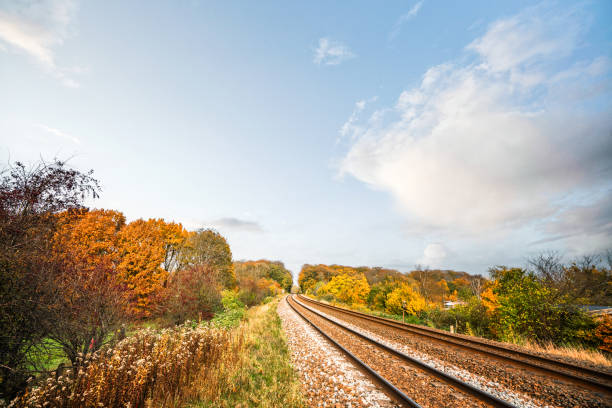 Railraod tracks in the fall on a bright day on colorful surroundings in autumn