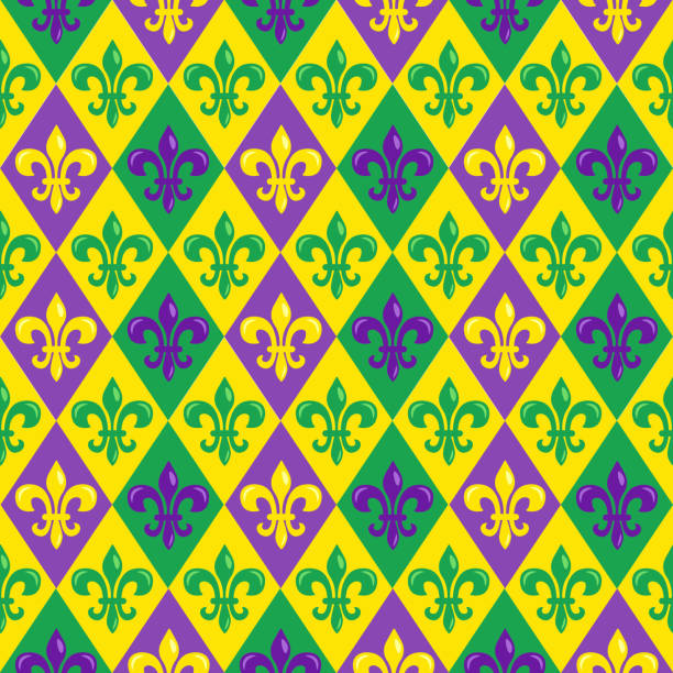 mardi gras nahtlose muster mit bunten heraldischen lilien; für packpapier, grußkarten, poster, banner. - mardi gras backgrounds fleur de lys symbol stock-grafiken, -clipart, -cartoons und -symbole