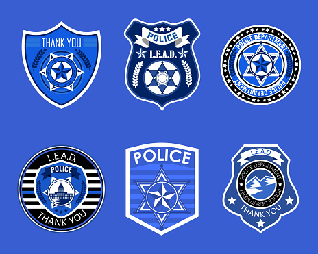 Police badges set vector. Sheriff, marshal label illustrations. Law enforcement emblems for national days. Ranger, policeman medallions. Blue matter signs, stickers of security federal agent.