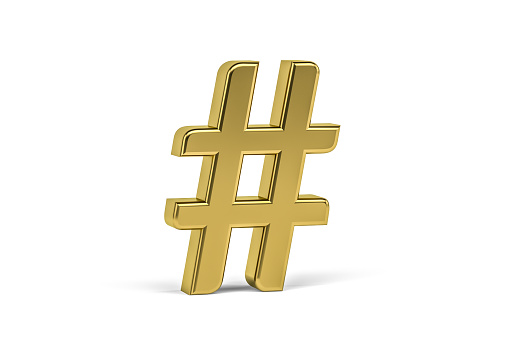 Golden hashtag sign isolated on white background - 3d render