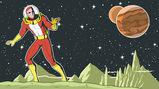 A retro style illustration of an atompunk era superhero wielding a gun with outer space in the background. Wide space available for your copy.