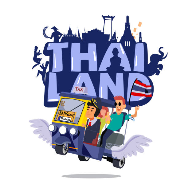 Tuk Tuk or three-wheeled cabin Tuk Tuk or three-wheeled cabin cycle in Thailand. logo illustration with landmark in Thailand - vector taxi logo background stock illustrations