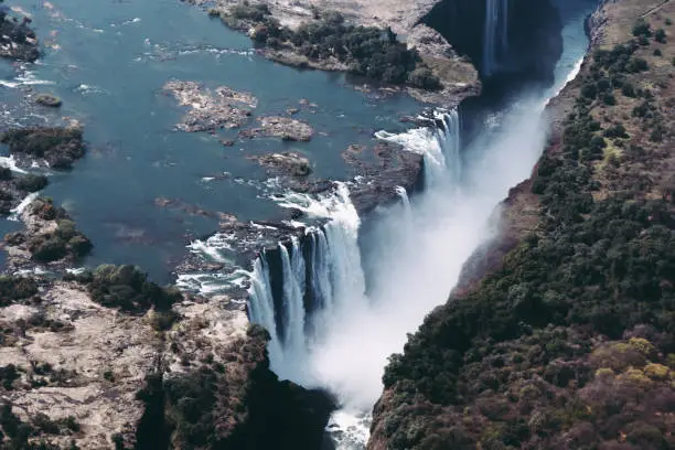 Victoria Falls Main Waterfall on the Zambezi River in Zimbabwe, Africa also called Mosi Oa Tunya, Aerial View