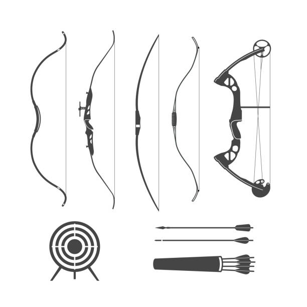 古代の木製の弓と現代のスポーツアーチェリー、白い背景に隔離された弓と矢のシルエット、ベクトル - 弓矢点のイラスト素材／クリップアート素材／マンガ素材／アイコン素材
