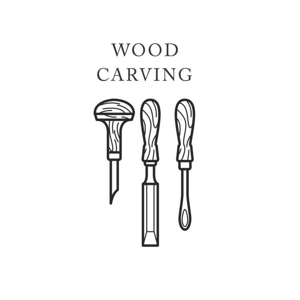 Wood carving tools icon, logo with chisels, timber engraving emblem, vector Wood carving tools icon, logo with chisels, timber engraving emblem, vector frieze stock illustrations