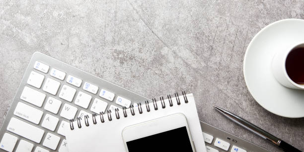 istock Office desk table with supplies. Flat lay Business workplace and objects. Top view. Copy space for text 1296514570