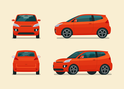 Compact city car four angle set. Car side, back and front view. Vector flat illustration.