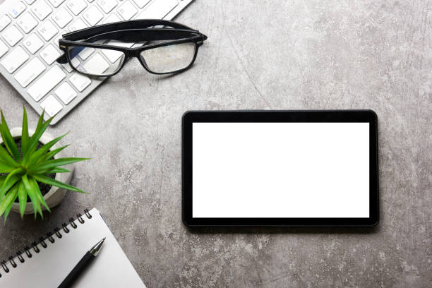 istock Office desk table with supplies. Flat lay Business workplace and objects. Top view. Copy space for text 1296515386