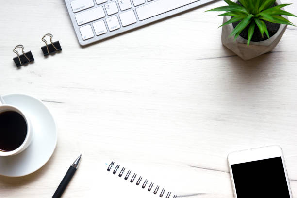 istock Office desk table with supplies. Flat lay Business workplace and objects. Top view. Copy space for text 1296515621