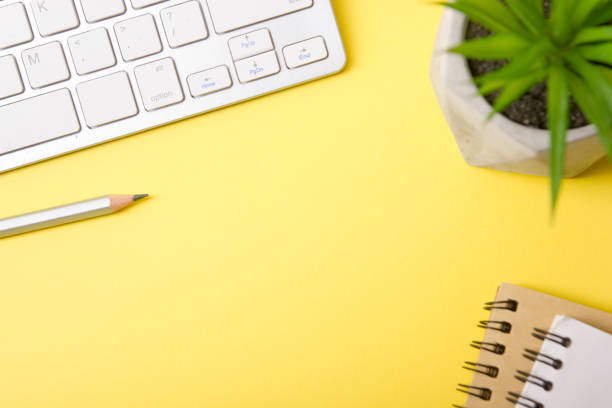 istock Office desk table with supplies. Flat lay Business workplace and objects. Top view. Copy space for text 1296515807