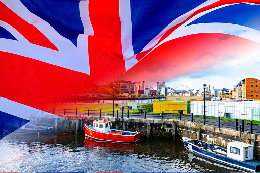 Multiple image of UK flag and fishing boats for use with articles relating to BREXIT and the EU/UK trade deal.