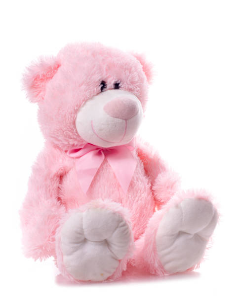 istock Cute teddy bear pink on color background with copy space 1296516547