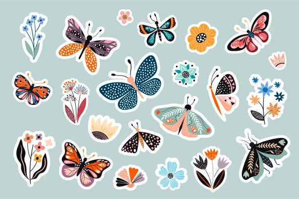 Vector illustration of Moths, butterflies and flowers stickers collection