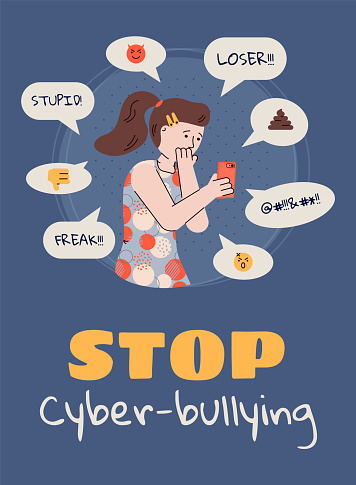 Stop cyberbullying - sad girl reading bully texts on social media app. Cartoon teenager with smartphone being cyber bullied online, vector illustration.