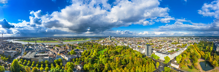 Panorama of Düsseldorf in Germany with a view of the old town, the River Rhine and green spaces in 2020