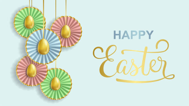 istock Happy Easter banner with realistic golden eggs and paper flowers 1296521188