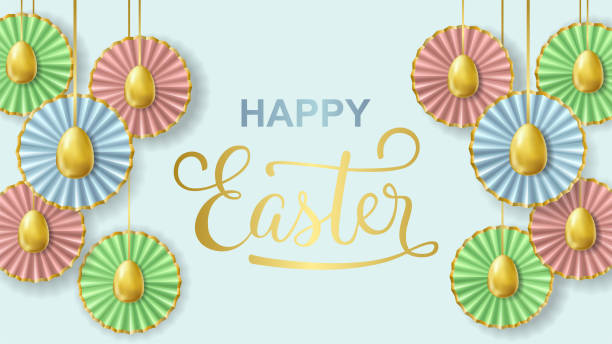 istock Happy Easter banner with realistic golden eggs and paper flowers 1296521197
