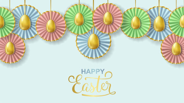 istock Happy Easter seamless banner with realistic golden eggs and paper flowers 1296521205