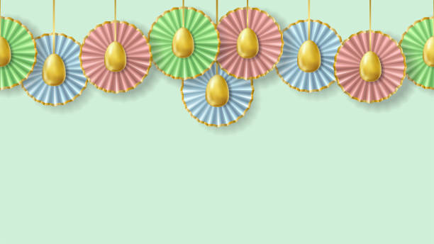 istock Easter seamless border with realistic golden eggs and paper flowers 1296521210