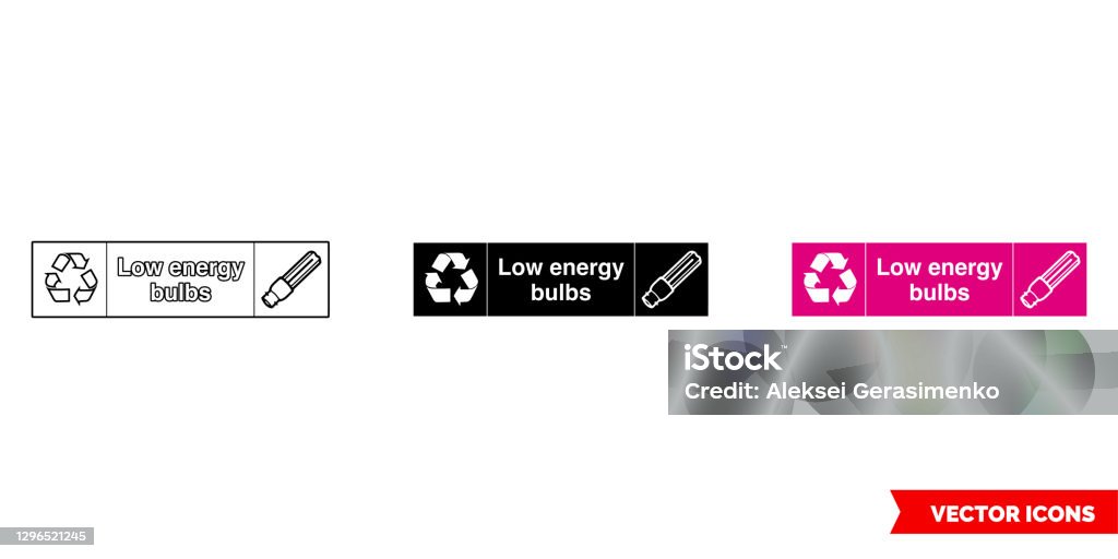 Nízkoenergetické žárovky na šířku elektrické recyklační značky ikona 3 typů barev, černá a bílá, obrys. Izolovaný symbol vektorového znaku - Bez autorských poplatků Barva - Popis vektorové obrázky Nízkoenergetické žárovky na šířku elektrické recyklační značky ikona 3 typů barev, černá a bílá, obrys. Izolovaný symbol vektorového znaku - Bez autorských poplatků Barva - Popis vektorové obrázky