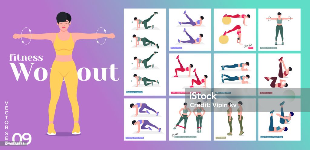 Women Workout Set Women Doing Fitness And Yoga Exercises Lunges Pushups  Squats Dumbbell Rows Burpees Side Planks Situps Glute Bridge Leg Raise  Russian Twist Side Crunch Etc Stock Illustration - Download Image