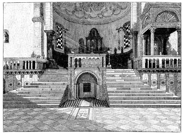 illustrazioni stock, clip art, cartoni animati e icone di tendenza di altare maggiore e ingresso alla cripta nella cattedrale di aquileia - udinese