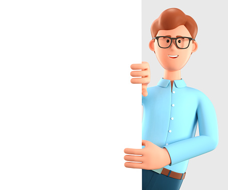 3D illustration of happy man holding a blank presentation or information board. Close up portrait of cute cartoon smiling businessman with advertising placard.